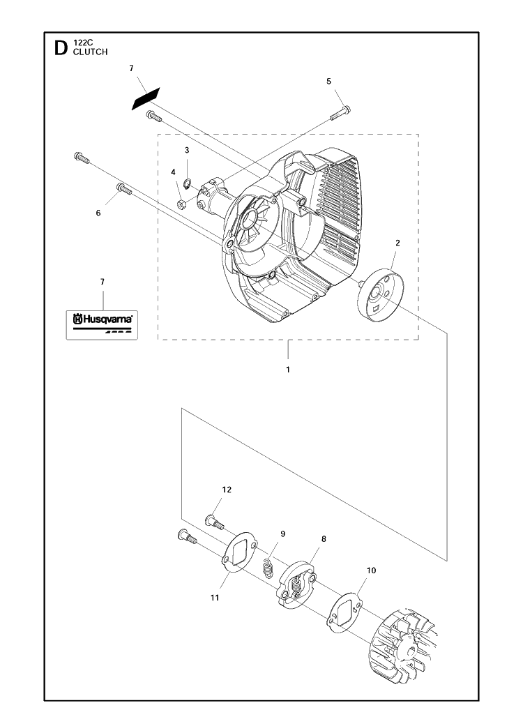 Clutch Diagram and Parts List for 122C 966712701 Husqvarna Edger