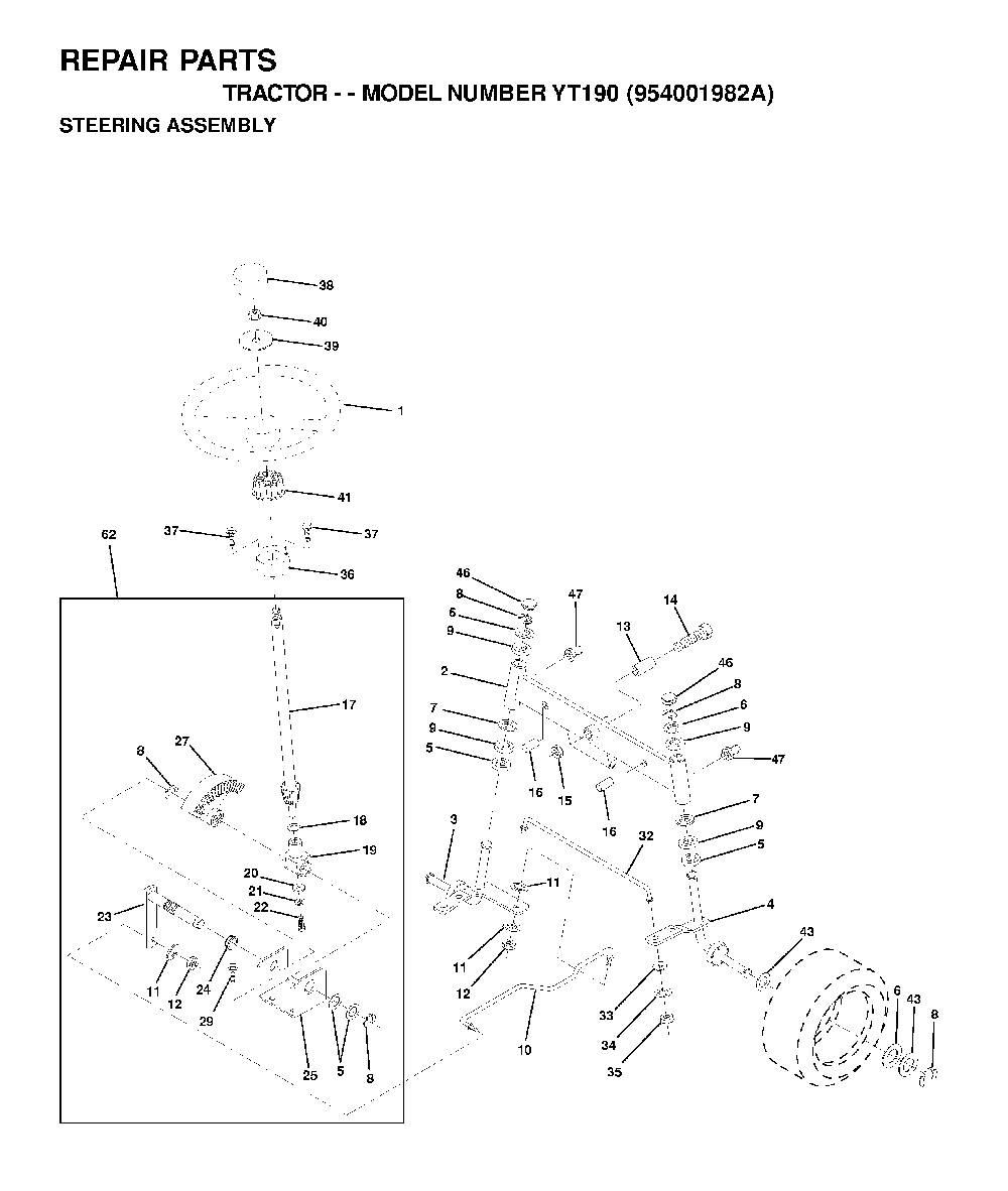Steering Diagram and Parts List for YT190 (954001982A)(1995-03) Husqvarna Lawn Tractor