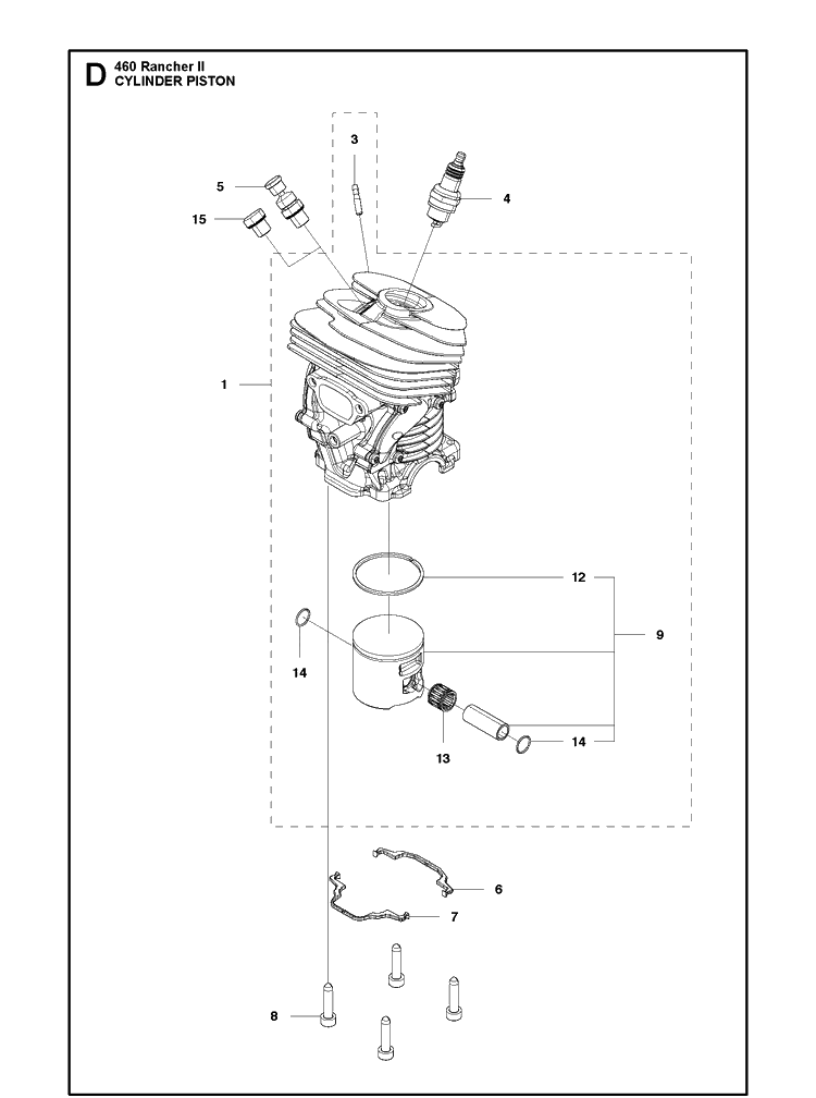 Cylinder Piston Diagram and Parts List for 460 RANCHER II Husqvarna Chainsaw