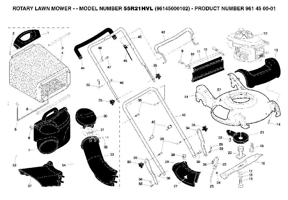 Repair Parts Diagram and Parts List for 55R21HVL (961450001, 532188294)(2004-12) Husqvarna Lawn Mower