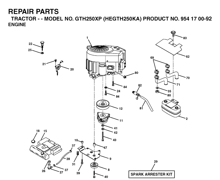 Engine Diagram and Parts List for GTH250XP (HEGTH250KA)(2003-01) Husqvarna Lawn Tractor