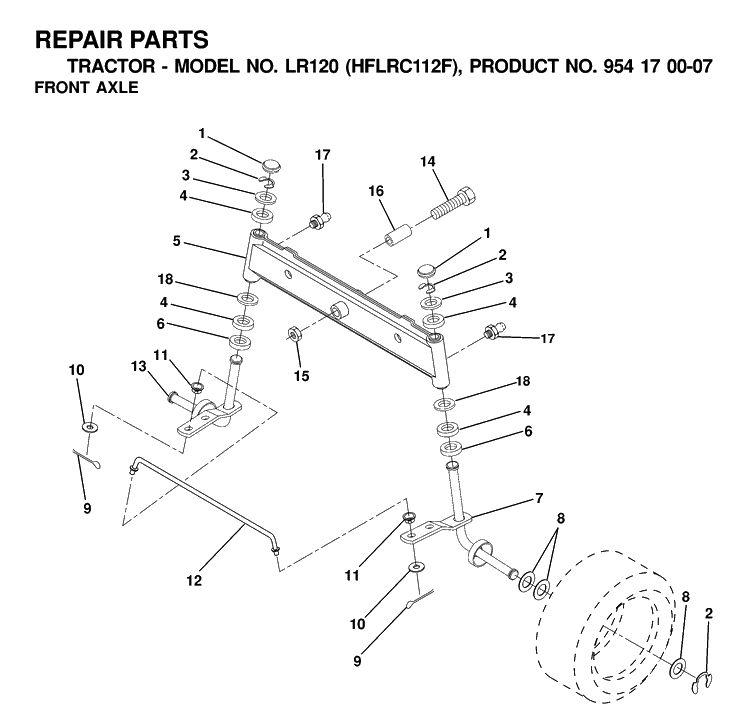 Front Axle Diagram and Parts List for LR120 (HFLRC112F)(2000-03) Husqvarna Lawn Tractor