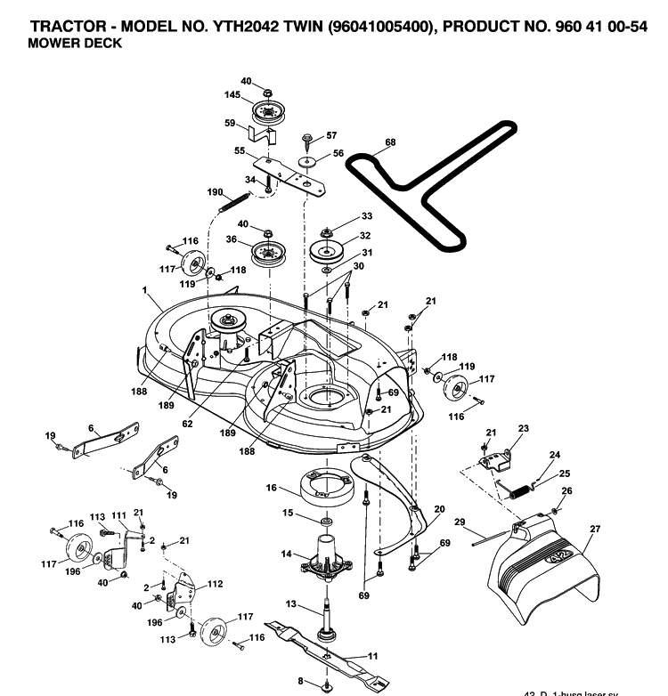 Mower Deck / Cutting Deck Diagram and Parts List for YTH2042 (96041005400)(2007-04) Husqvarna Lawn Tractor