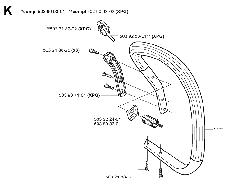 Handle Diagram and Parts List for 346XP 20012200001-20032200000 Husqvarna Chainsaw