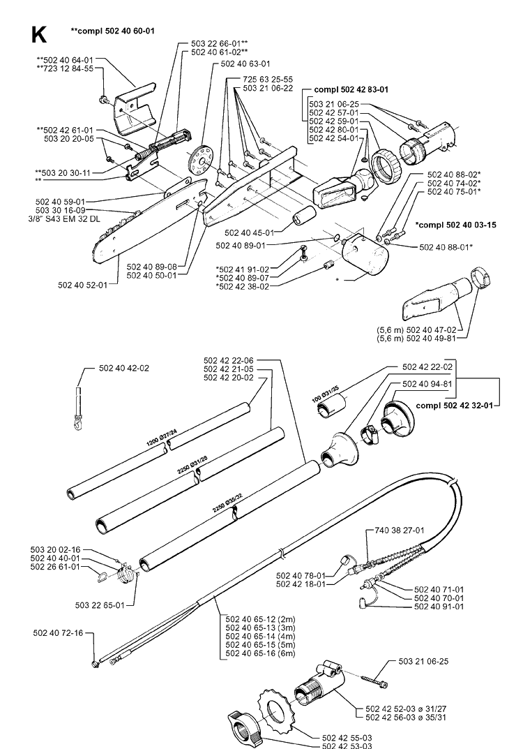 Saw Head Diagram and Parts List for 250PS 19960500001-19984000000 Husqvarna Pole Saw