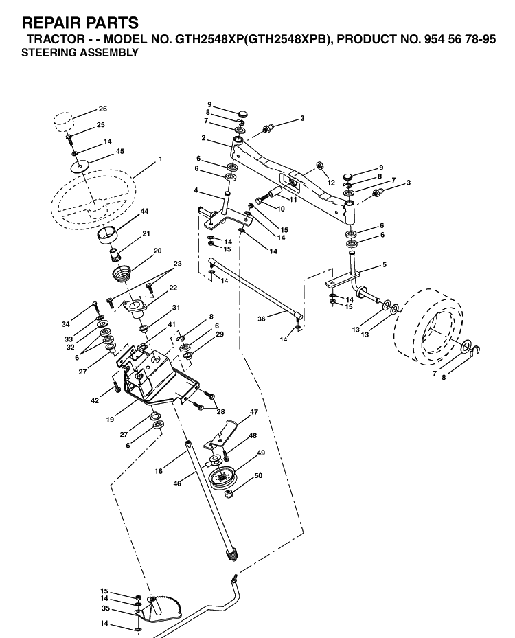 Steering Diagram and Parts List for GTH2548XP-GTH2548XPB 2003-05 Husqvarna Lawn Tractor