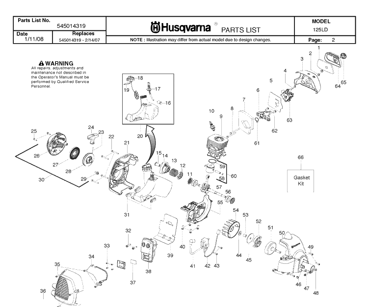 Engine Diagram and Parts List for 125LD 20082200001-Current Husqvarna Edger