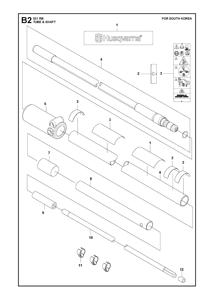 Tube And Shaft 2 Diagram and Parts List for 531RB  Husqvarna Brush Cutter