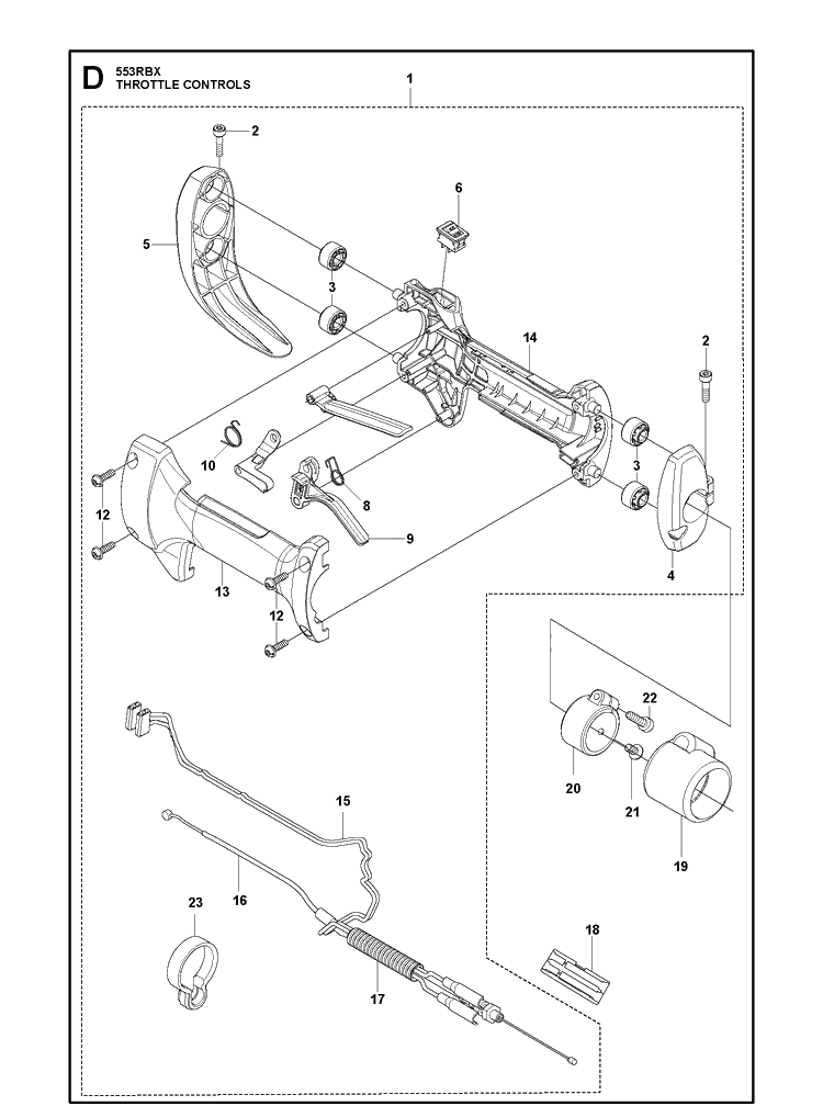 Throttle Controls Diagram and Parts List for 553RBX 20180500001-20182200000 Husqvarna Brush Cutter