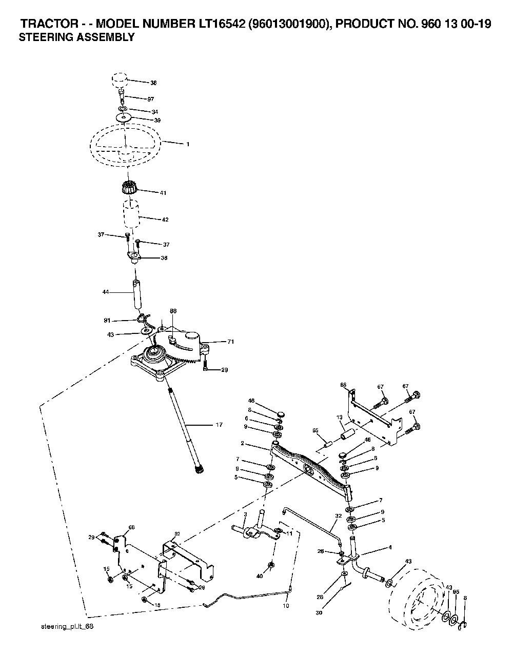Steering Diagram and Parts List for LT16542 (96013001900)(2006-02) Husqvarna Lawn Tractor