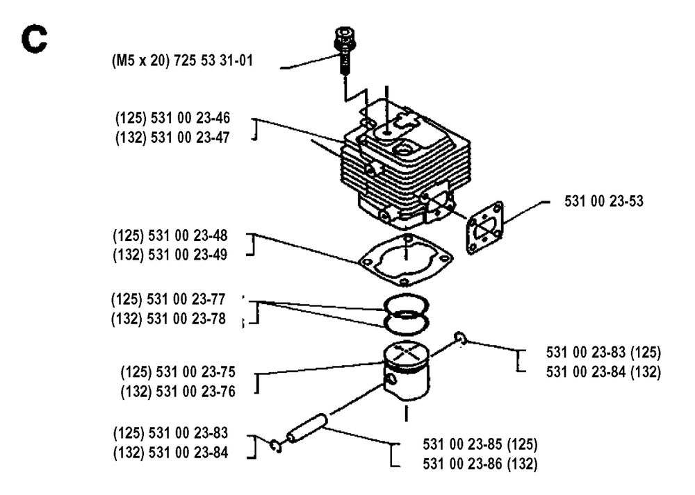 Cylinder Piston Diagram and Parts List for 125RB 19931400001 & Above Husqvarna Trimmer