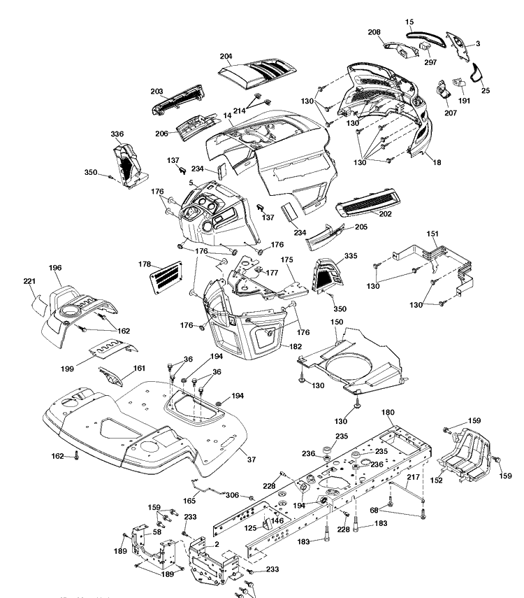 Chassis / Frame Diagram and Parts List for YTH24V48LS (96043012901)(2011-08) Husqvarna Lawn Tractor