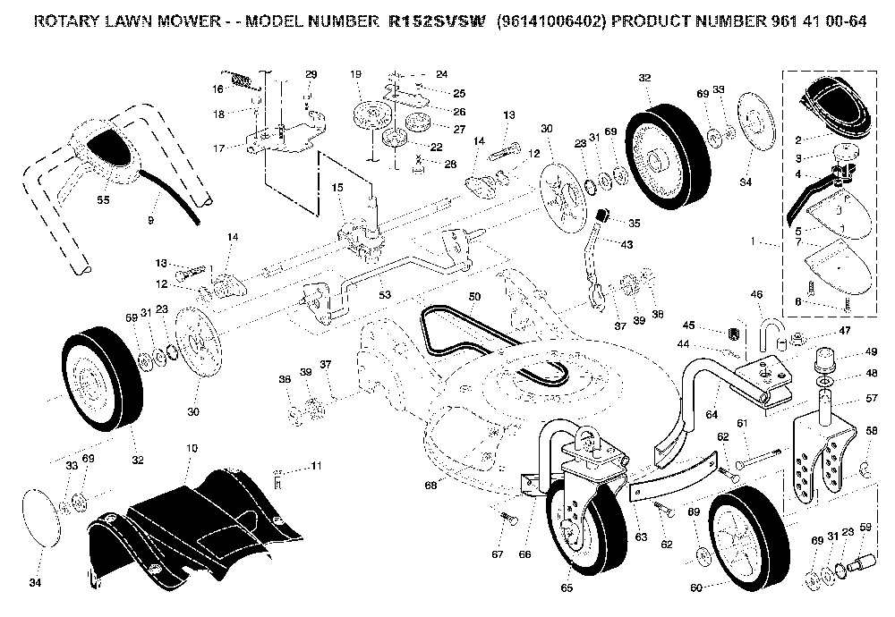 Product Complete Diagram and Parts List for R152SVSW (96141006402, 961410064)(2008-02) Husqvarna Lawn Mower