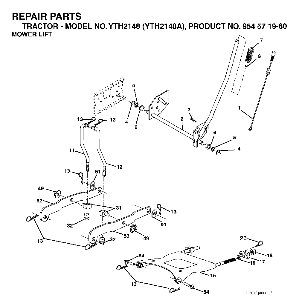 Mower Lift / Deck Lift Diagram and Parts List for YTH2148A (954571960)(2003-11) Husqvarna Lawn Tractor