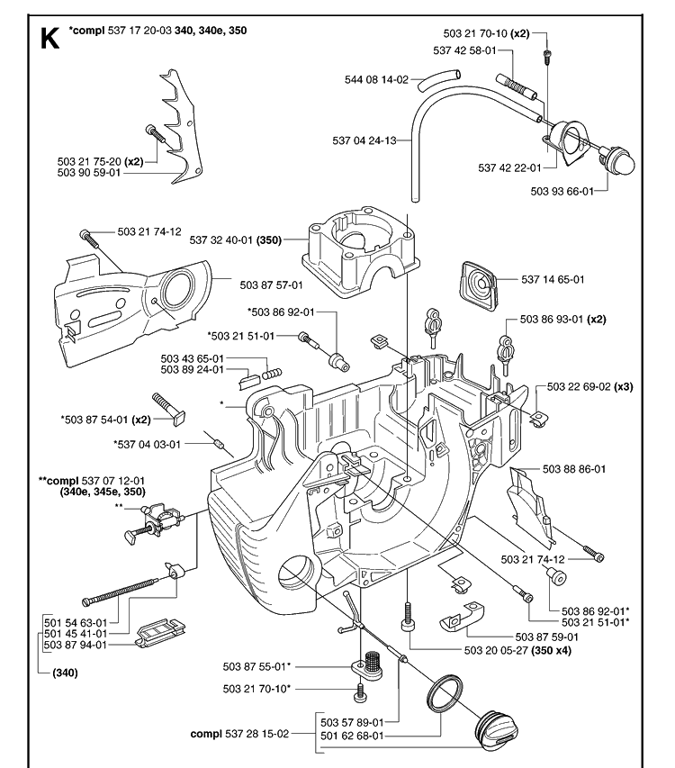 Crankcase Diagram and Parts List for 340E 20062300001-Current Husqvarna Chainsaw