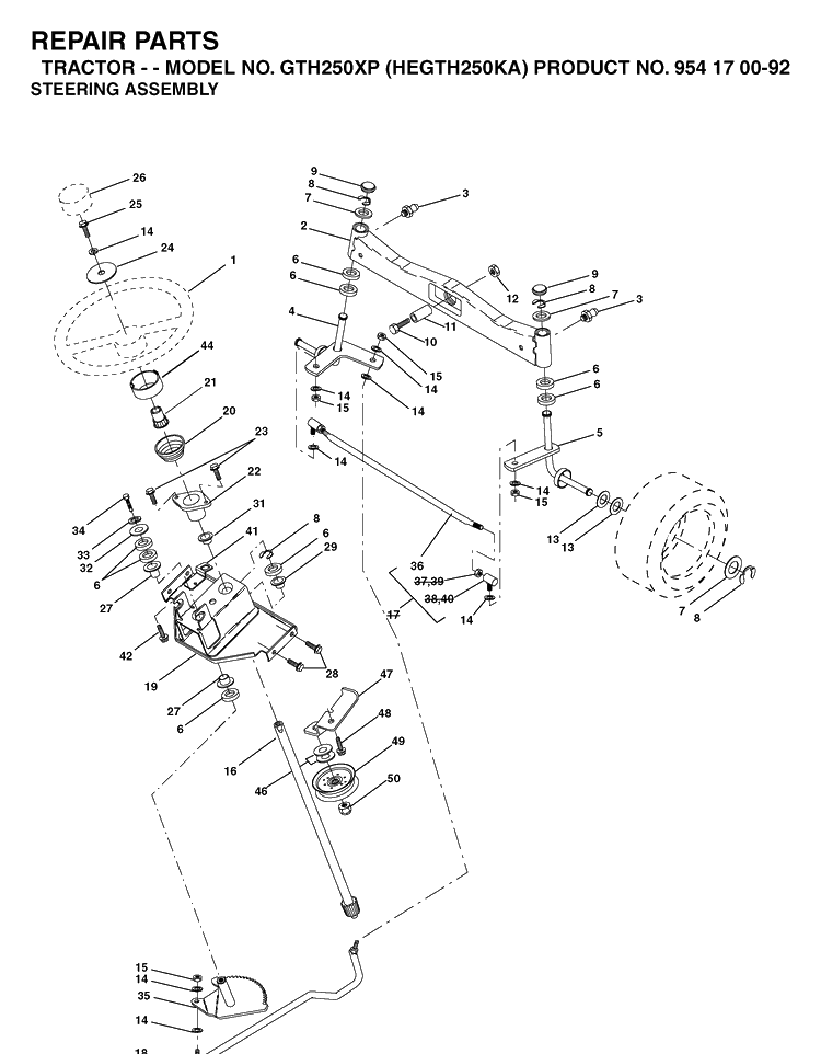 Steering Diagram and Parts List for GTH250XP (HEGTH250KA)(2003-01) Husqvarna Lawn Tractor