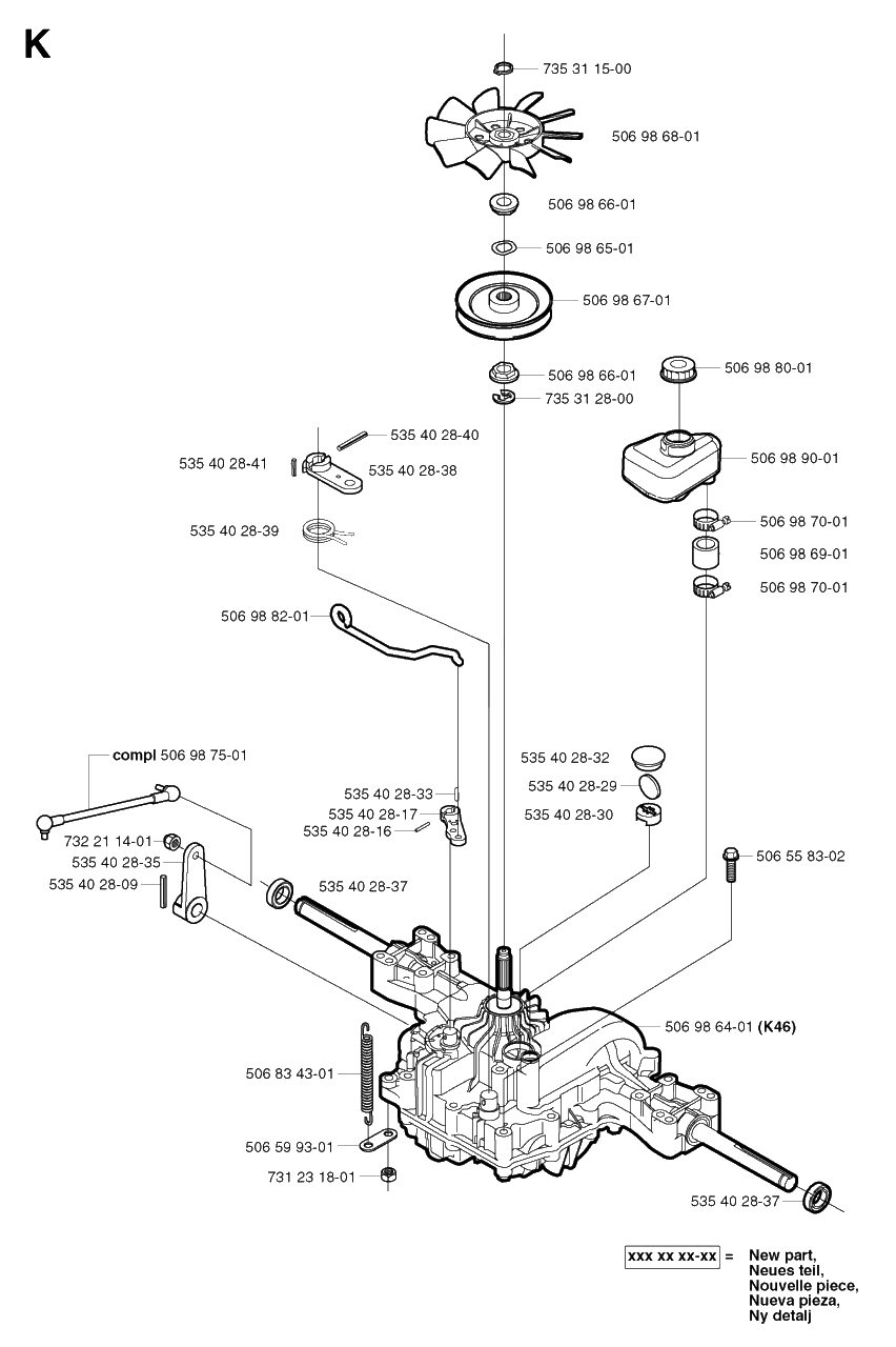 Transmission Diagram and Parts List for R13 2003-01 Husqvarna Lawn Tractor