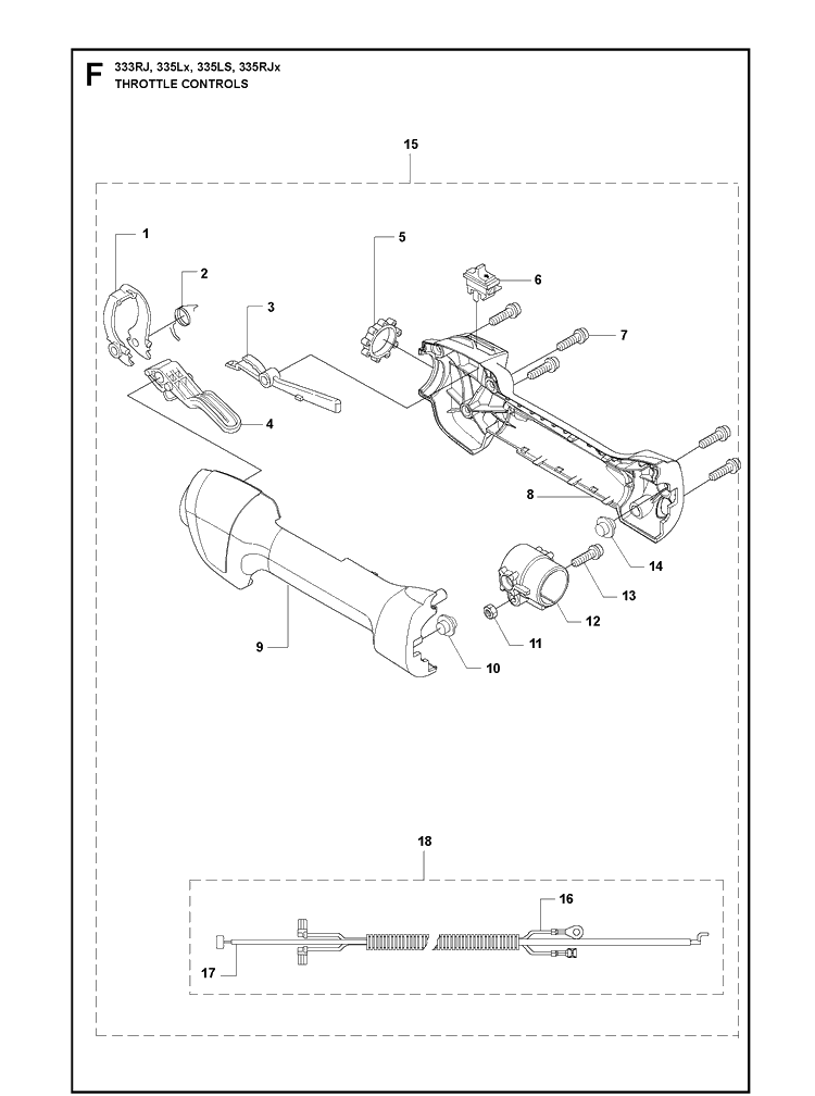 Throttle Controls Diagram and Parts List for 333RJ  Husqvarna Brush Cutter