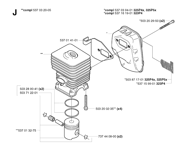 Cylinder Piston Diagram and Parts List for 325P 20021800001-20042299999 Husqvarna Pole Saw