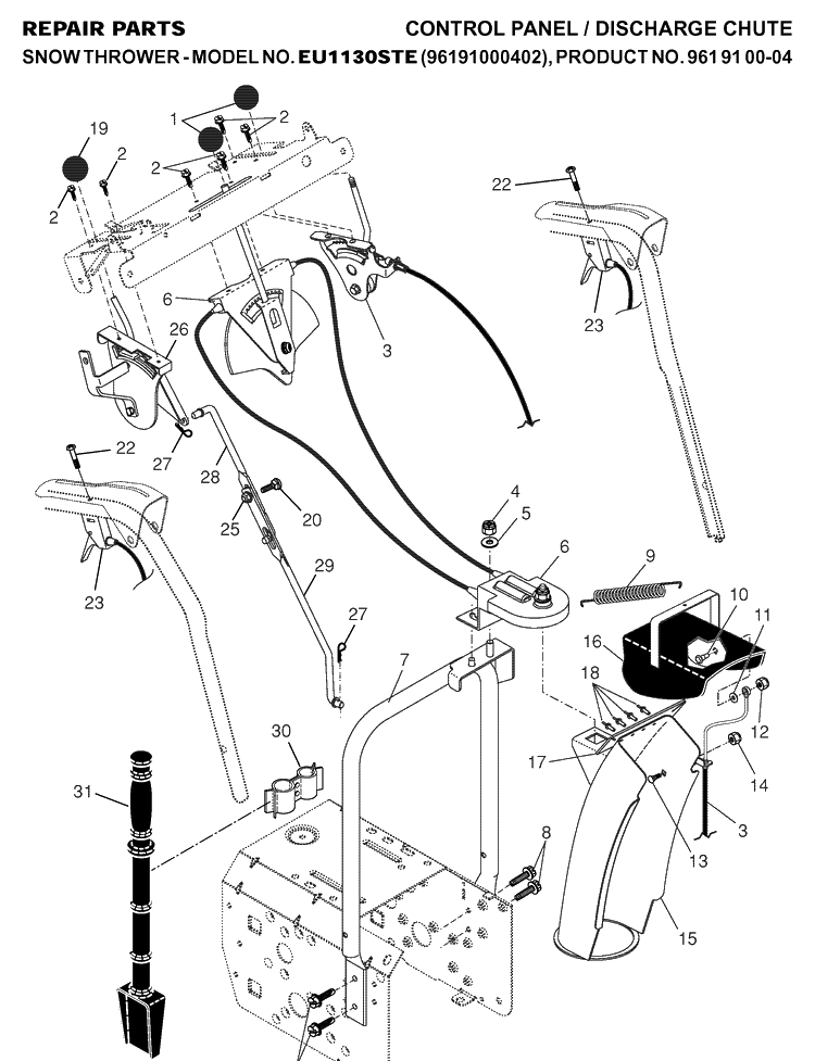 Control Panel And Discharge Chute Diagram and Parts List for 1130STE (96191000402)(2007-01) Husqvarna Snow Blower