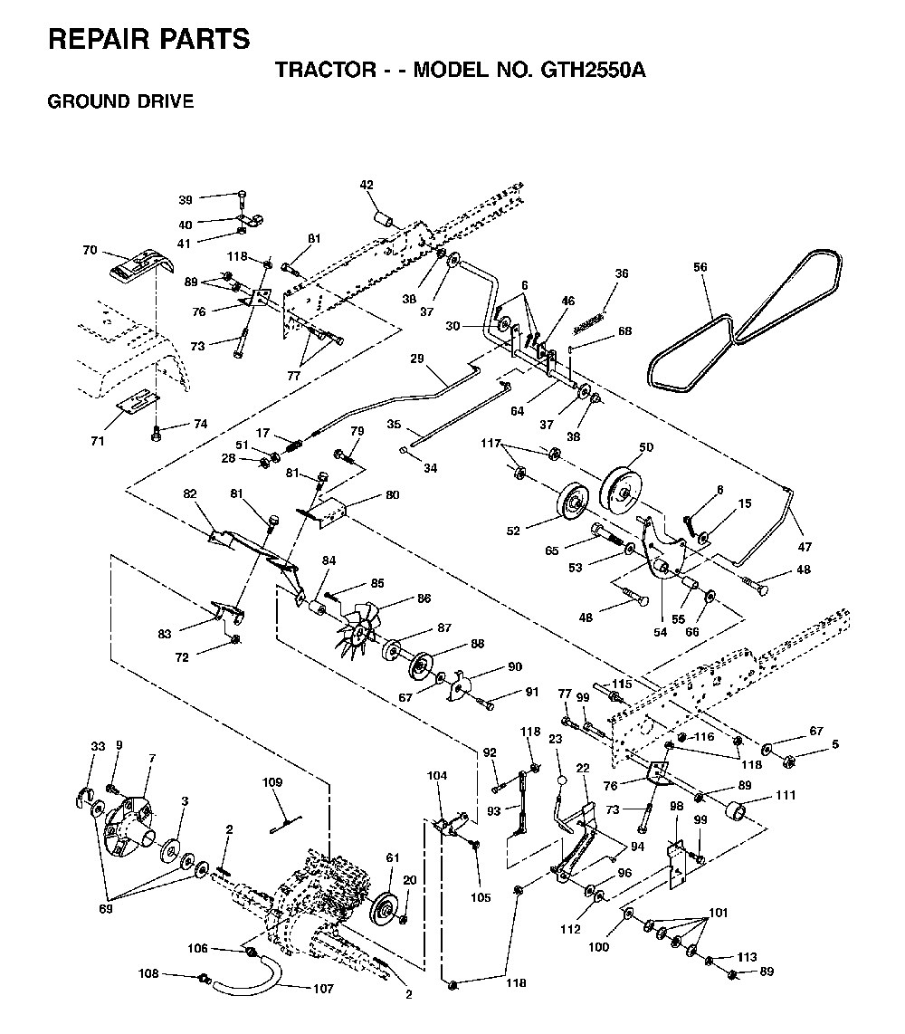 Drive Diagram and Parts List for GTH2550A (954567109)(2001-05) Husqvarna Lawn Tractor