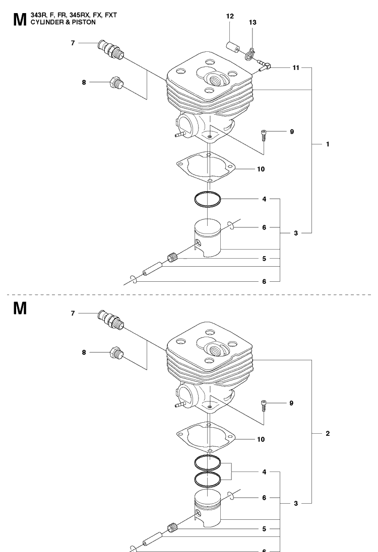 Cylinder Piston Diagram and Parts List for 345RX 20103600001-20144899999 Husqvarna Brush Cutter