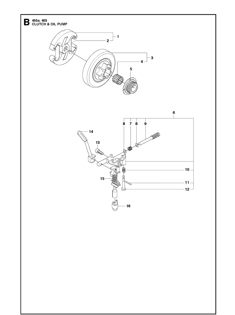 Clutch And Oil Pump Diagram and Parts List for 455 RANCHER Husqvarna Chainsaw
