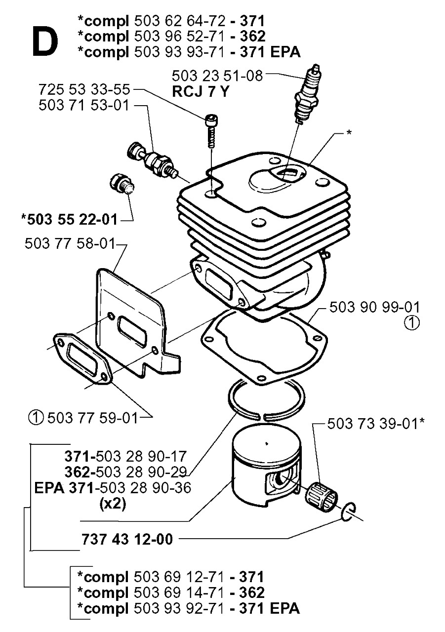 Cylinder Piston Diagram and Parts List for 371XP 19991800001 & Above Husqvarna Chainsaw