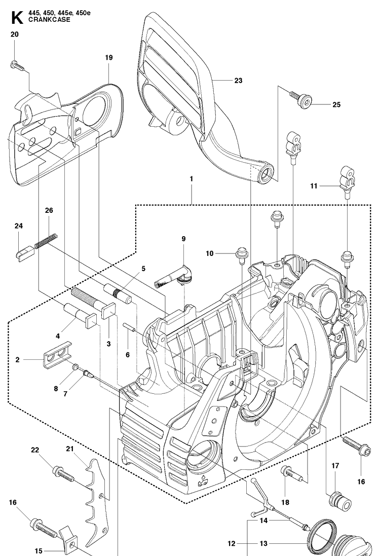 Crankcase Diagram and Parts List for 445E 20103600001-20112700000 Husqvarna Chainsaw