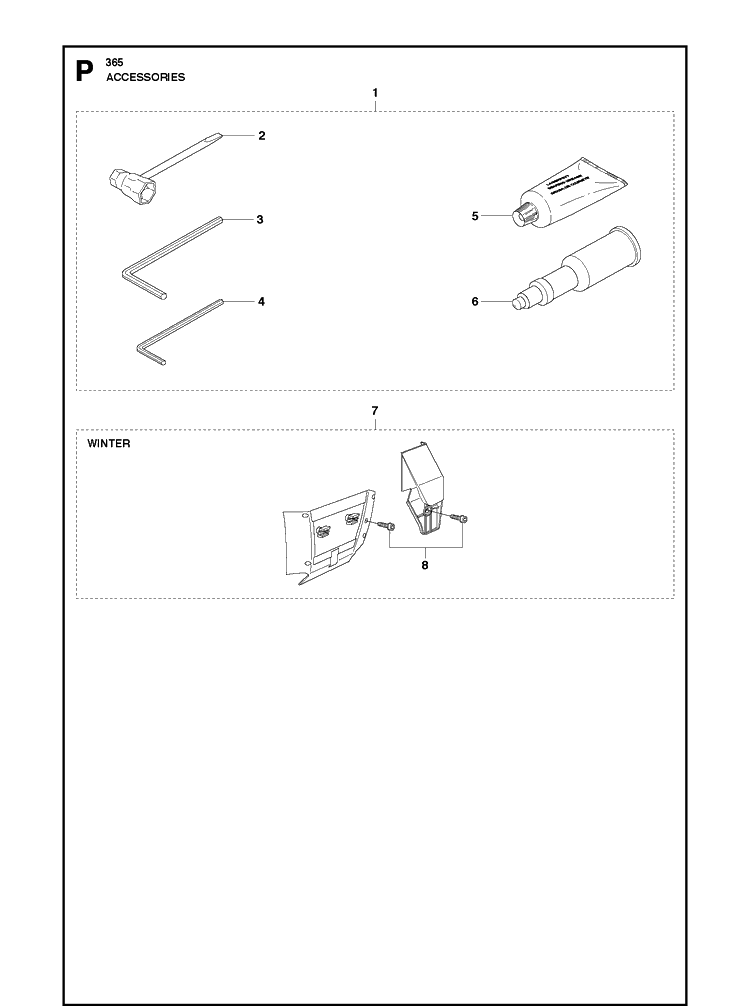 Accessories Diagram and Parts List for 365 20101800001-Current Husqvarna Chainsaw