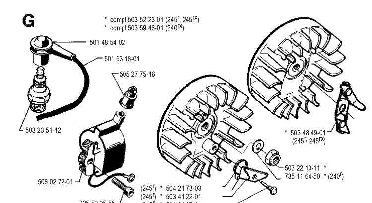 Ignition System Diagram and Parts List for 245R 19900100001-19941400000 Husqvarna Brush Cutter