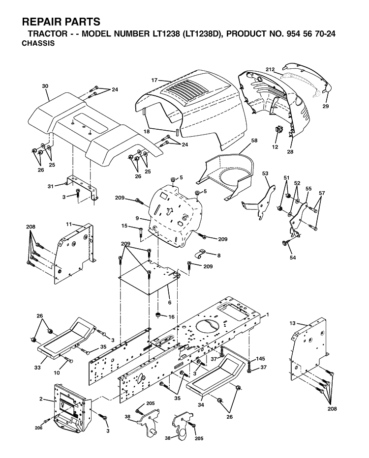 Chassis And Enclosures Diagram and Parts List for LT1238-LT1238D 2002-02 Husqvarna Lawn Tractor