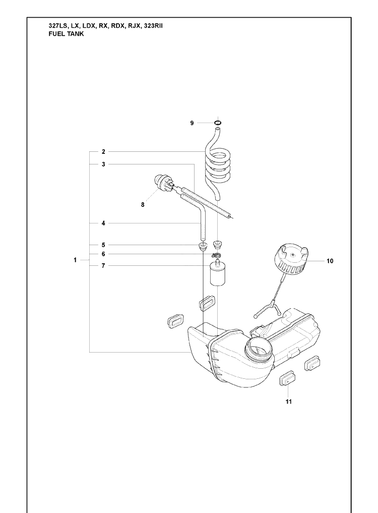Fuel Tank Diagram and Parts List for 323RII 2009-08 Husqvarna Trimmer