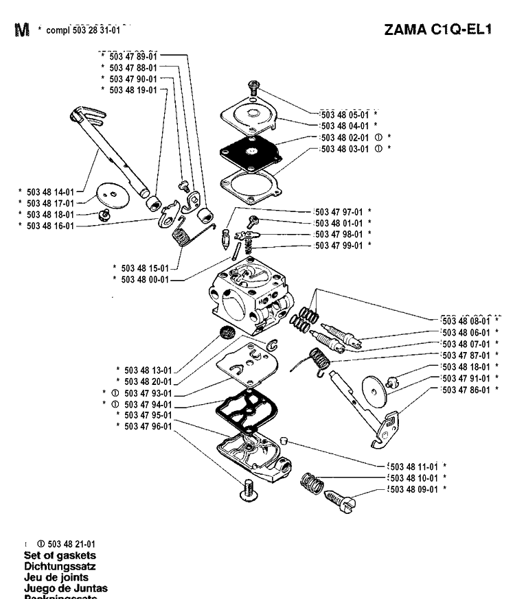 Carburetor Details Diagram and Parts List for 40 19912200001-19952300000 Husqvarna Chainsaw