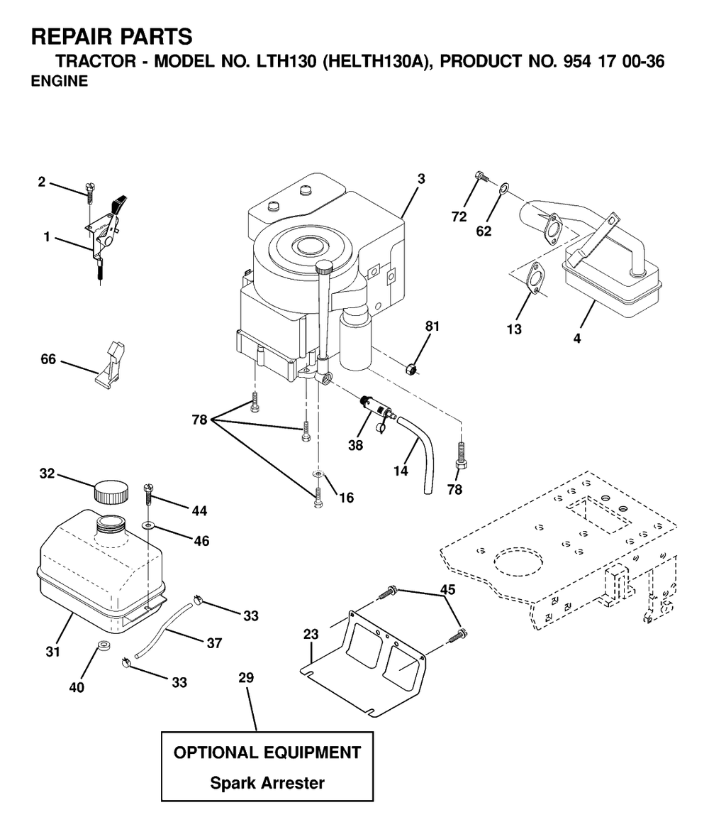 Engine And Cutting Equipment Diagram and Parts List for LTH130 (954170036-A)(2001-01) Husqvarna Lawn Tractor