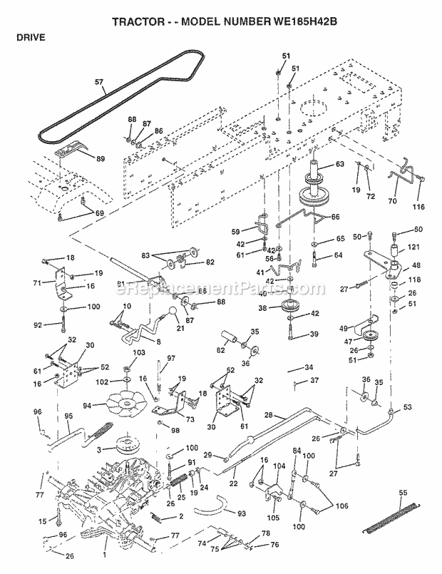 Drive Diagram and Parts List for WE185H42B 1997 Husqvarna Lawn Tractor