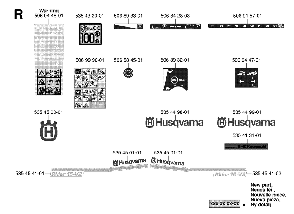 Decals Diagram and Parts List for R15-V2 (953533701)(2006-01) Husqvarna Lawn Tractor