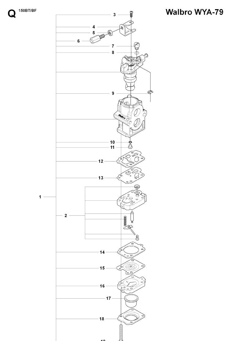 Carburetor Details Diagram and Parts List for 150BF 20071800001-20084000000 Husqvarna Leaf Blower / Vacuum