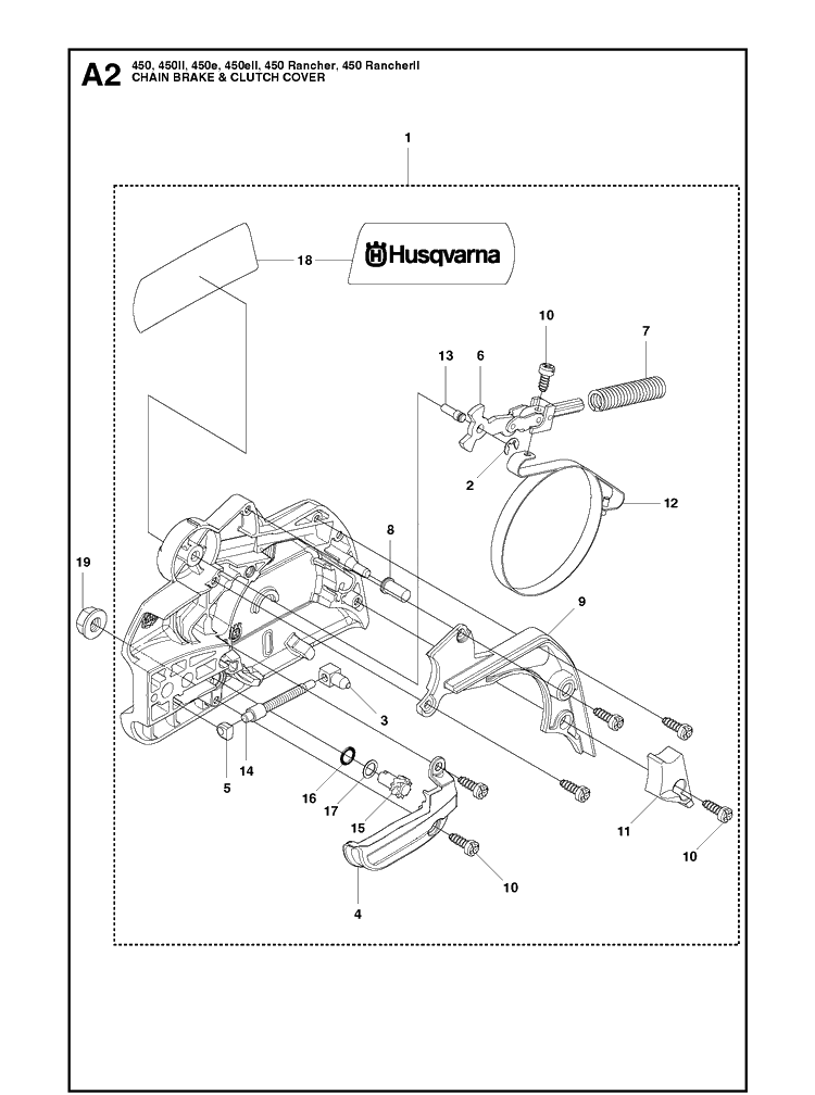 Chain Brake And Clutch Cover 2 Diagram and Parts List for 450 450II-450E-450EII-450 RANCHER-450 RANCHERII Husqvarna Chainsaw