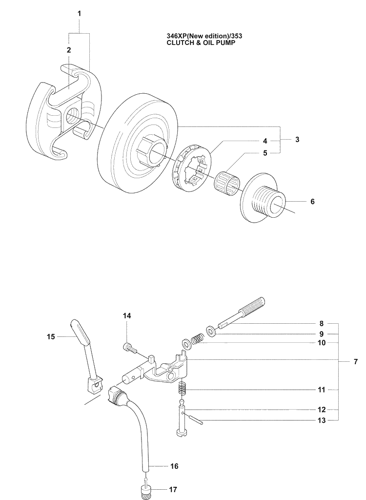 Clutch And Oil Pump (Ne) Diagram and Parts List for 353 2009-02 Husqvarna Chainsaw
