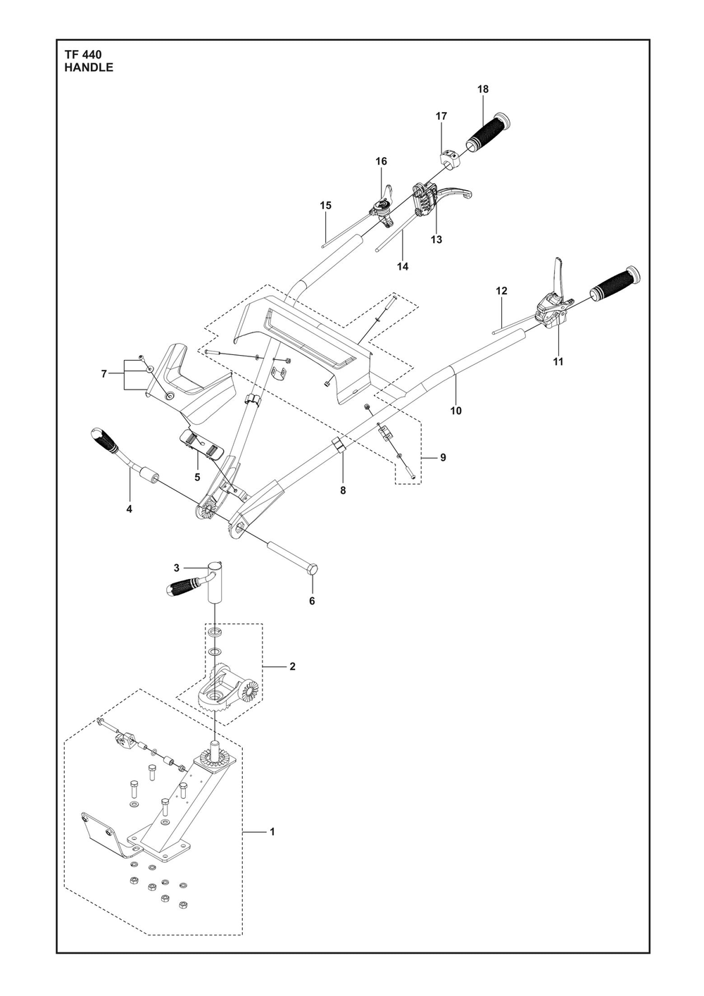 Handle Diagram and Parts List for TF440  Husqvarna Tiller