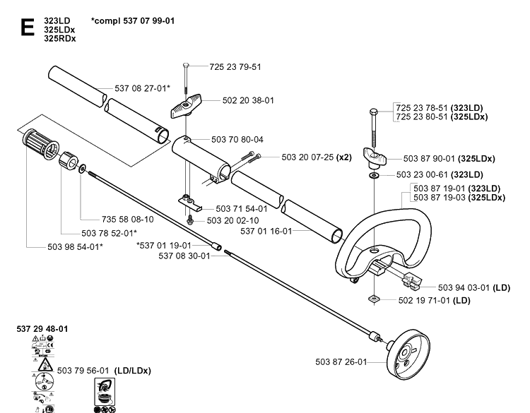Shaft And Handle Diagram and Parts List for 325RDX 20051800001-Current Husqvarna Brush Cutter