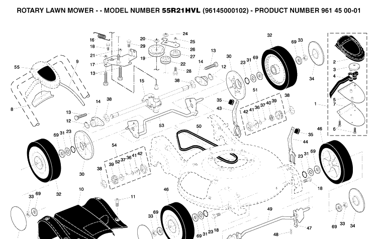 Repair Parts 2 Diagram and Parts List for 55R21HVL (961450001)(2004-12) Husqvarna Lawn Mower