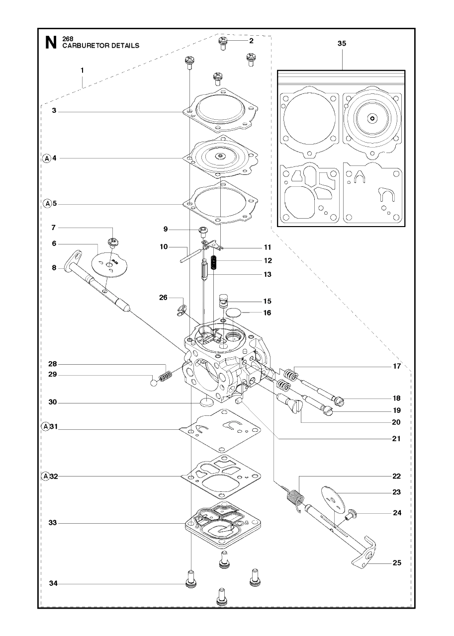 Carburetor Details Diagram and Parts List for 268 20182200001 & Above Husqvarna Chainsaw
