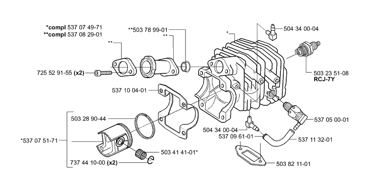 Piston / Cylinder Diagram and Parts List for 335XPT 2001-05 Husqvarna Chainsaw