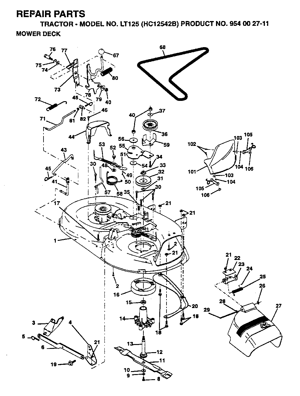 42inch Cutting Deck Diagram and Parts List for LT125 (HC12542B, 954002711)(1995-01) Husqvarna Lawn Tractor