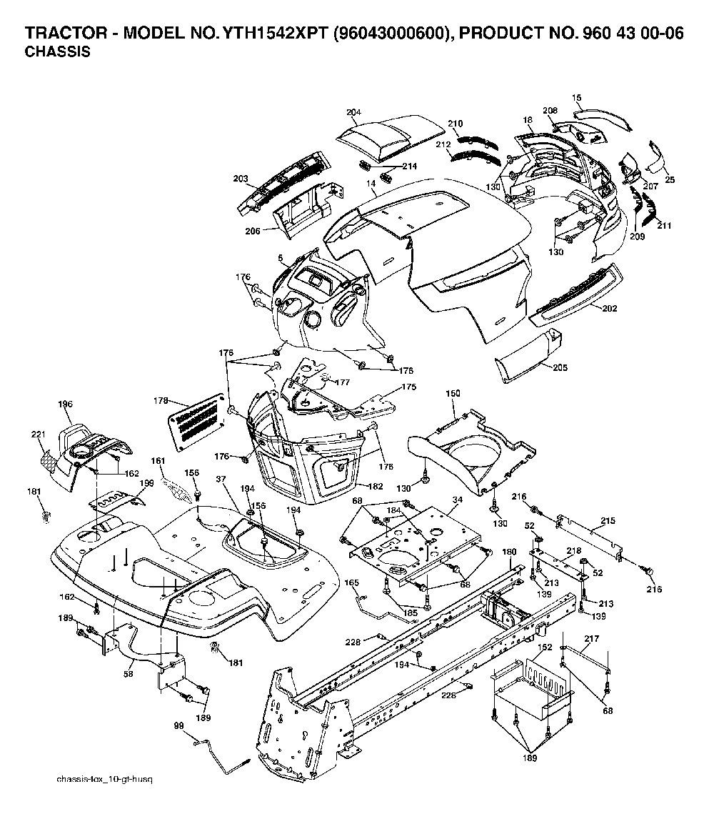 Chassis And Enclosures Diagram and Parts List for YTH1542XPT (96043000600)(2006-01) Husqvarna Lawn Tractor