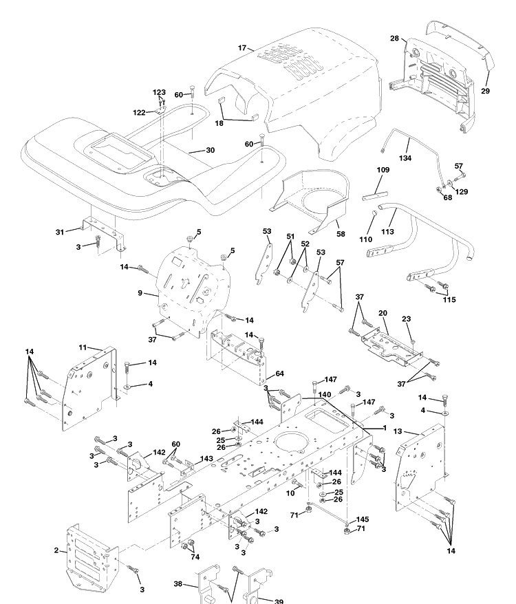 Chassis And Enclosures Diagram and Parts List for LTH130 (954140005B)(1997-12) Husqvarna Lawn Mower