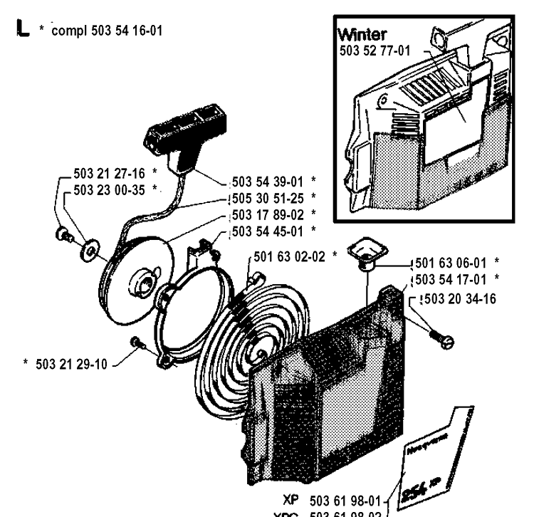 Starter Diagram and Parts List for 254 19942300001-19960100000 Husqvarna Chainsaw