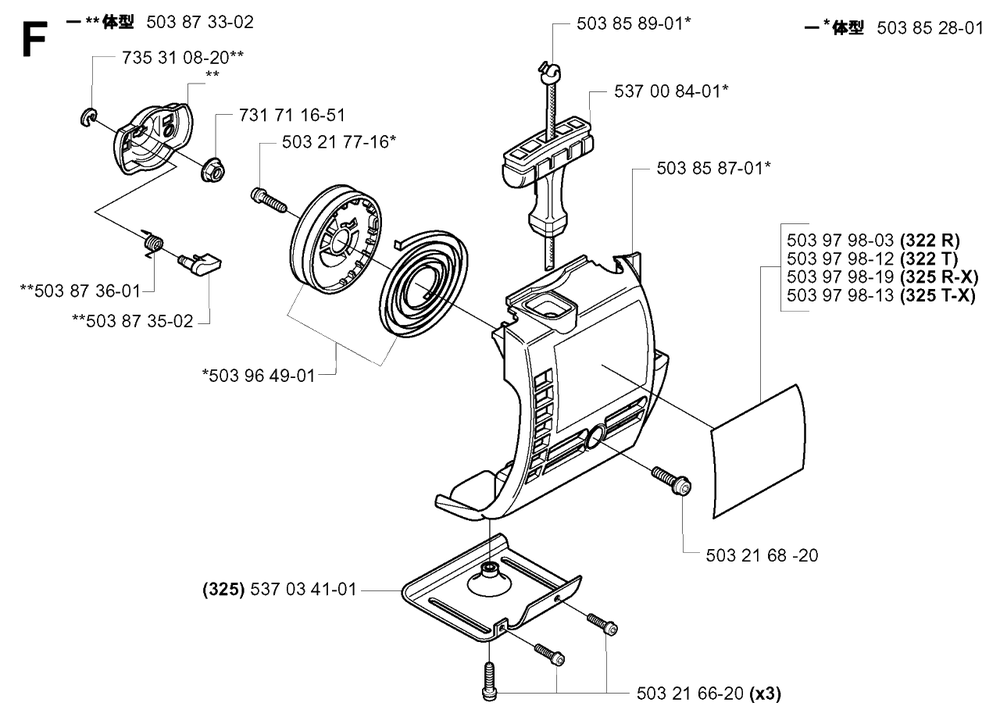Starter Diagram and Parts List for 322R 20010500001 & Above Husqvarna Trimmer